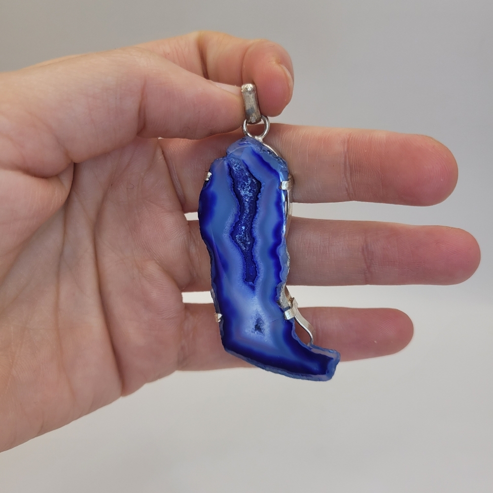 Artisan Crafted Raw Blue Agate Geode Slice Pendant Incased in 925 Sterling